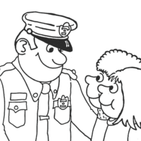 Desenho de Policial conversando com crianças para colorir