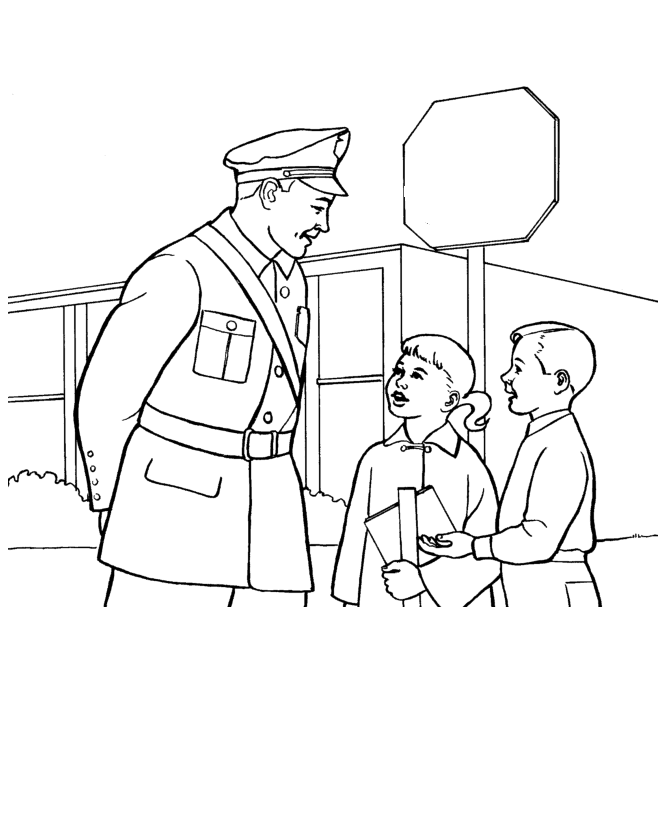 Policial e criancas na porta da escola