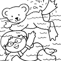Desenho de Urso e menina nadando na piscina para colorir