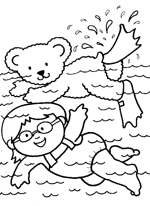Urso e menina nadando na piscina