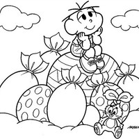 Desenho de Cebolinha feliz com ovos de páscoa para colorir