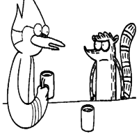 Desenho de Mordecai e Rigby tomando café para colorir