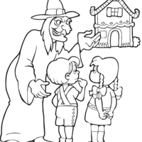 Desenho de Bruxa conversando com João e Maria para colorir