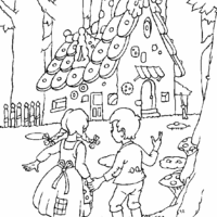 Desenho de João e Maria vendo casa de doces para colorir