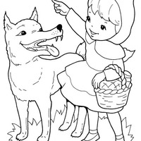 Desenho de Chapeuzinho Vermelho falando com o lobo para colorir