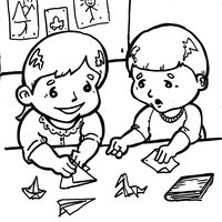 Desenho de Crianças fazendo atividade escolar para colorir