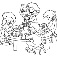 Desenho de Alunos fazendo trabalho escolar para colorir