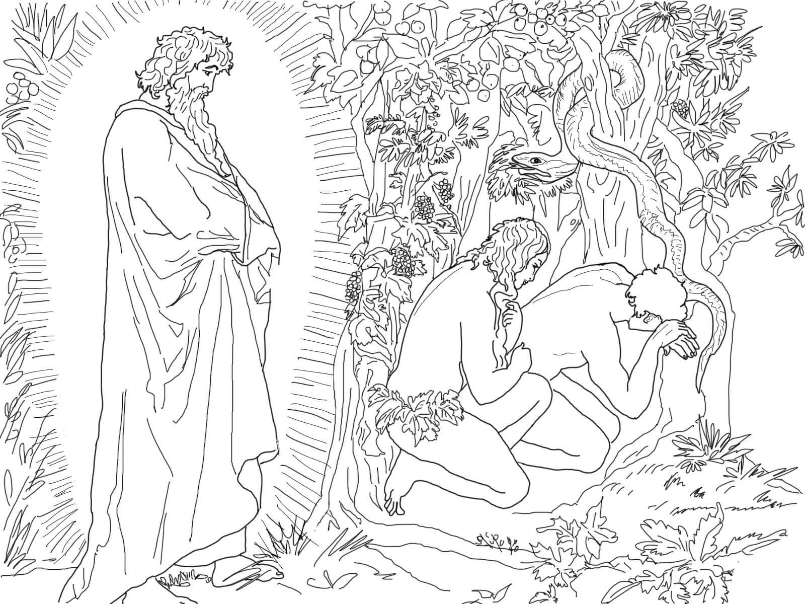 Бог с Адамом и Евой раскраска