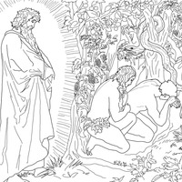 Desenho de Adão e Eva fugindo da presença de Deus para colorir