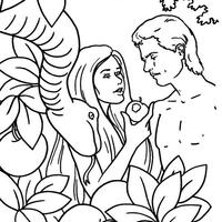 Desenho de Adão e Eva no paraíso para colorir