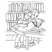 Desenho de Crianças lendo livros na biblioteca para colorir