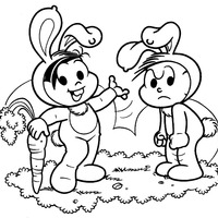 Desenho de Monica e Cebolinha como coelhos da páscoa para colorir