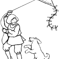 Desenho de Menina e cachorro brincando com pipa para colorir