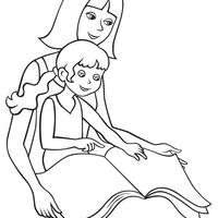 Desenho de Mamãe e filha lendo historinha para colorir