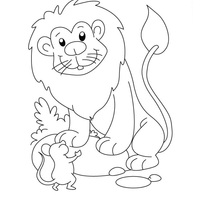 Desenho de Leão conversando com ratinho para colorir
