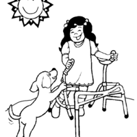 Desenho de Cachorro ajudando deficiente físico para colorir