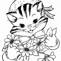 Desenho de Gato segurando arranjo de flores para colorir