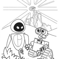 Desenho de Wall-e e EVA em viagem espacial para colorir