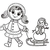 Desenho de Menina empurrando boneco de neve no trenó para colorir