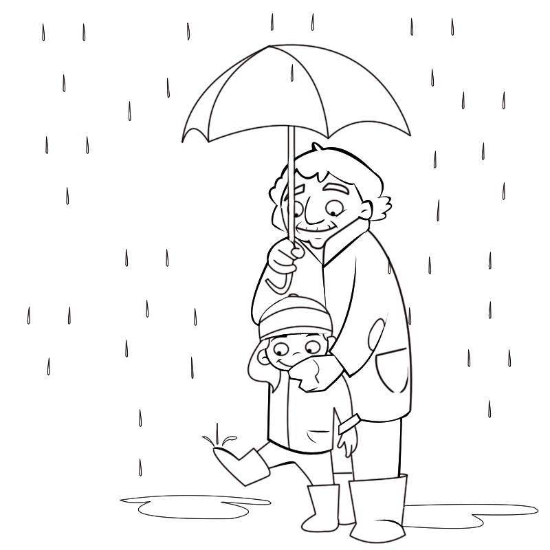 Pai e filho debaixo de chuva