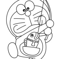 Desenho de Doraemon pescando peixe para colorir