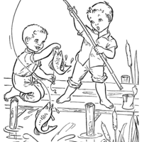 Desenho de Meninos brincando de pescaria para colorir