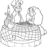Desenho de Dama e Vagabundo comendo macarrão para colorir
