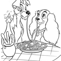 Desenho de Lady e Vagabundo em jantar romântico para colorir