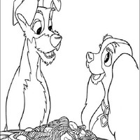 Desenho de Dama e Vagabundo jantando juntos para colorir