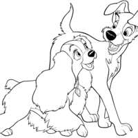 Desenho de Lady e Vagabundo passeando para colorir