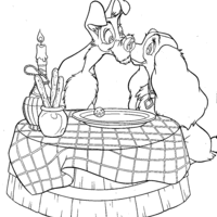 Desenho de Dama e Vagabundo se beijando no jantar para colorir