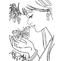 Desenho de Menina beijando borboleta para colorir