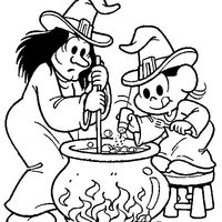 Desenho de Magali e bruxa preparando poção mágica para colorir