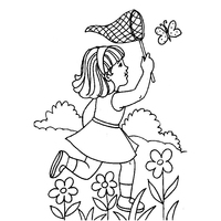 Desenho de Menina capturando borboleta para colorir