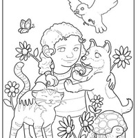 Desenho de Garota carinhosa com animais para colorir