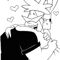 Desenho de Johnny Bravo e amigo se abraçando para colorir