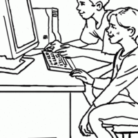 Desenho de Meninos estudando no computador para colorir