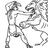 Desenho de Homem brigando com leão para colorir