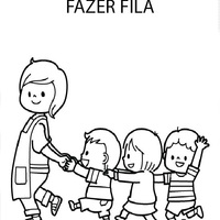 Desenho de Professora levando alunos em fila para colorir