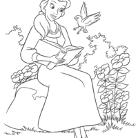 Desenho de Bela lendo um livro para passarinho para colorir