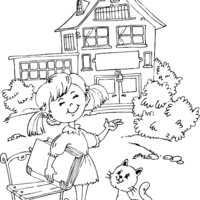 Desenho de Menina mostrando sua escola para colorir