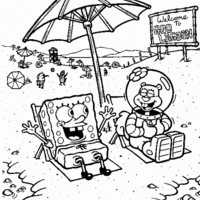Desenho de Bob Esponja e Sandy na praia para colorir