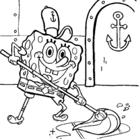 Desenho de Bob Esponja limpando o Siri Cascudo para colorir