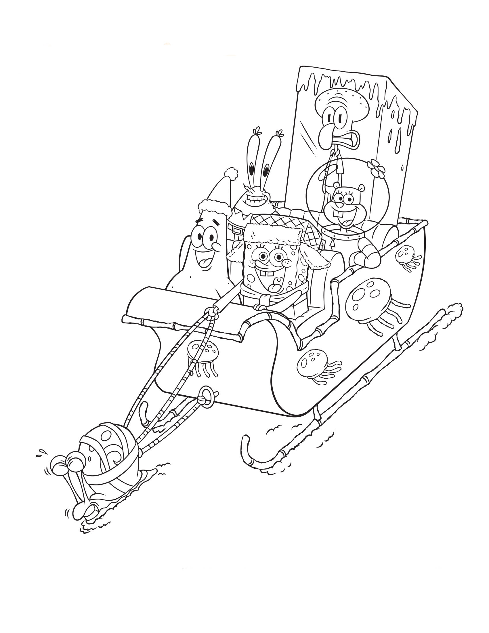 Desenho de Turma do Bob Esponja no trenó para colorir - Tudodesenhos