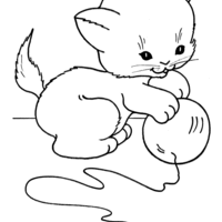 Desenho de Gato com novelo e lã para colorir