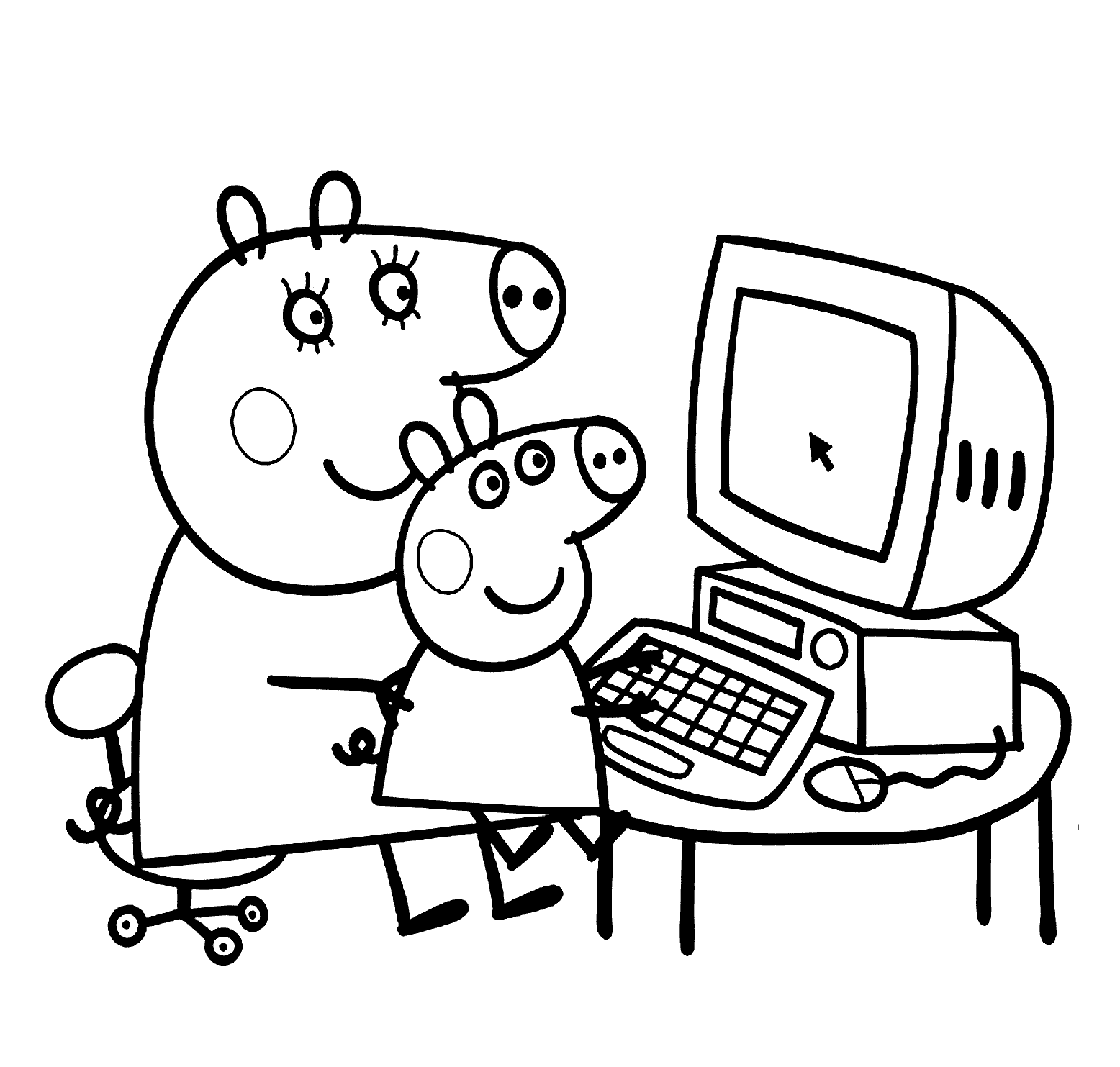 desenho de mamãe pig e peppa pig no computador para