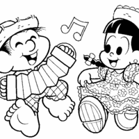 Desenho de Chico Bento e Rosinha dançando e cantando para colorir