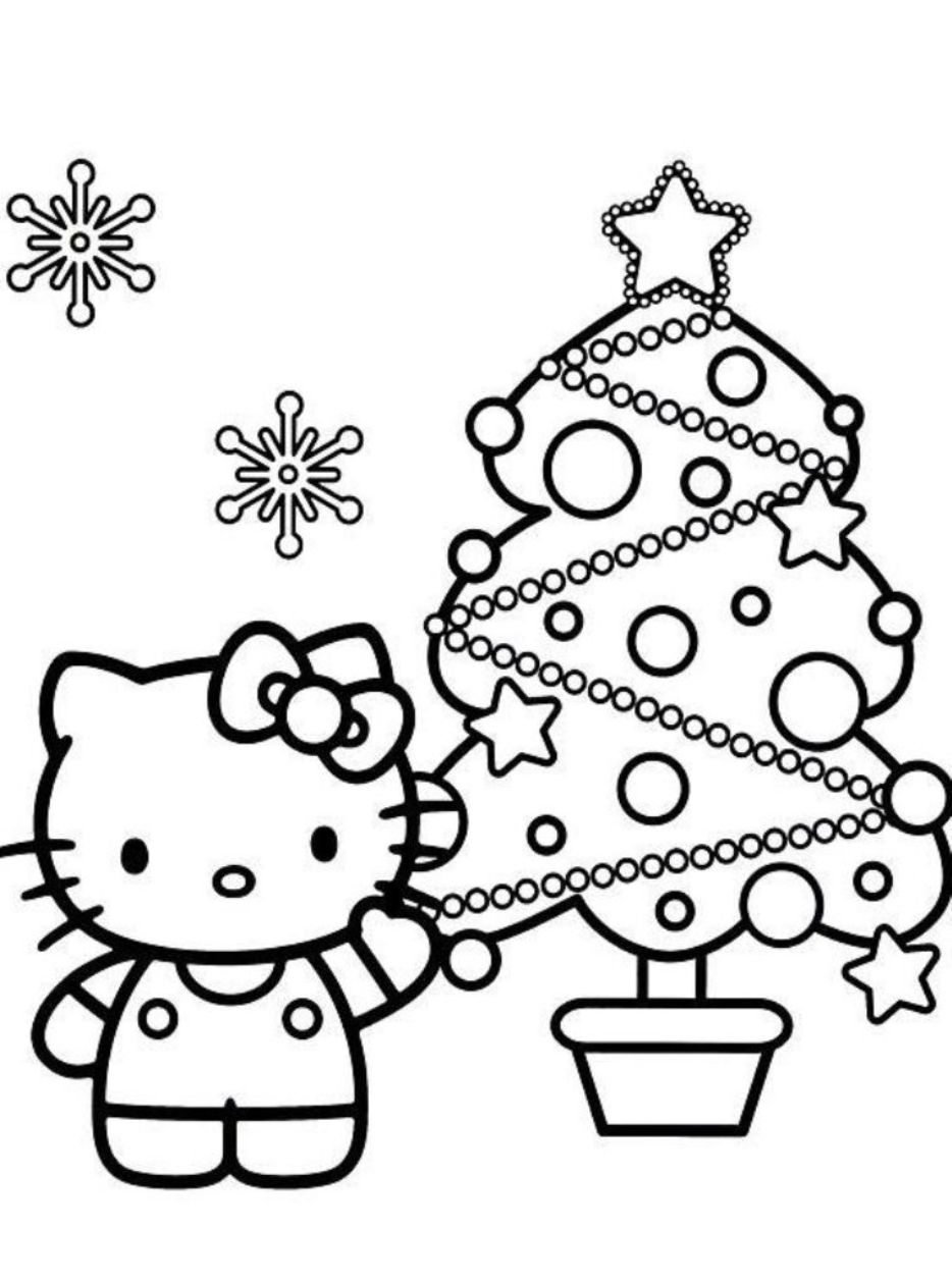 Desenhos para colorir Hello Kitty no Natal - Árvore de Natal