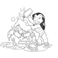 Desenho de Lilo dando banho em Stitch para colorir