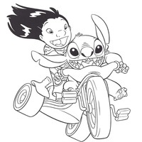 Desenho de Lilo e Stitch andando de triciclo para colorir